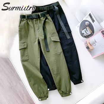 

SURMIITRO 2020 Autumn Winter Korean Cargo Pants Women WIth Belt Cotton Green Female Ankle Harem Pants High Waist Trousers Femme