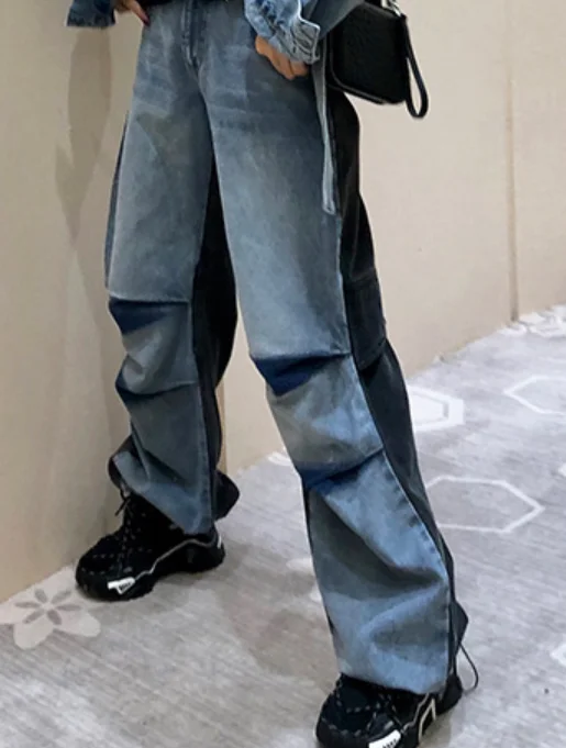 blue black contrast Уличная одежда в стиле пэчворк; рваные джинсы с дырками; брюки-карго для бега; свободный спортивный костюм; брюки с высокой талией в стиле панк, Харадзюку; пояс в стиле хип-хоп - Цвет: blue black contrast