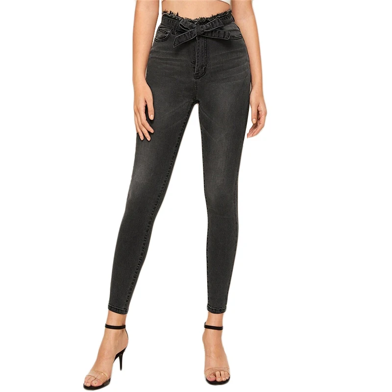 Dotfashion/черные потертые джинсы с высокой талией, женские Осенние эластичные брюки с поясом, женские узкие брюки с карманами