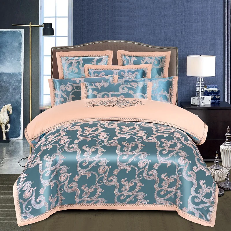 KELUO Luxury Wedding jacquard mulberry silk bedding 100%cotton Embroideredincluding duvet cover bed sheet pillowcase GRAY - Color: Such as pictures