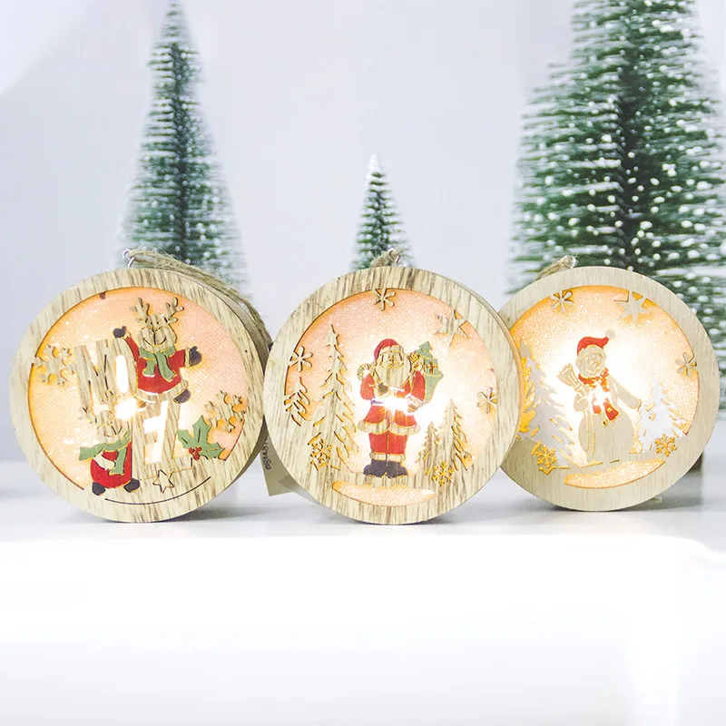 

Festival Round Santa Claus Ornaments Christmas LED Light Round Hanging Decor Christmas Tree Wood Luminous Decoration Kid Gifts