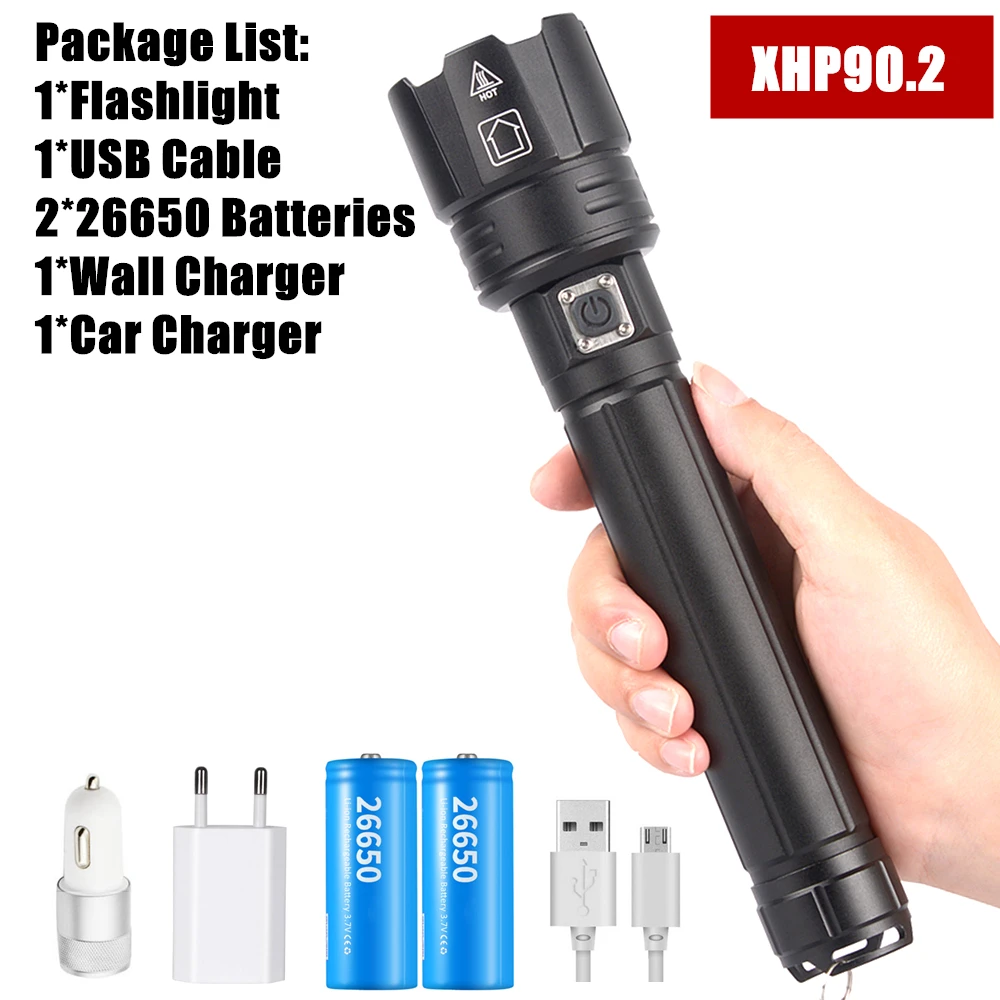 Package H Супер яркий Xlamp XHP90 XHP70.2 светодиодный светильник-вспышка супер мощный тактический фонарь USB Zoom фонарь 18650 26650 перезаряжаемый светильник - Испускаемый цвет: Package H