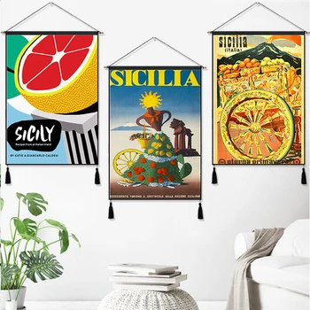 

Sicilia Island Italy Europe Vintage Travel Hanging Cloth Cotton Line Paintings Posters Home Decor Wall Hanging Tapestry Gift