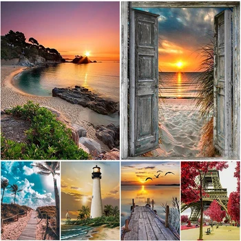 Pintura de diamantes 5D DIY, Kit de punto de cruz de puesta de sol de paisaje bordado cuadrado completo, mosaico de paisaje, imagen artística de decoración de diamantes de imitación
