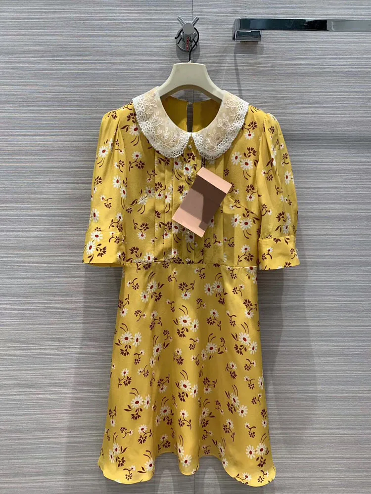 

LouLan Queen Spring/Summer/Silk Dresses Flowers/Print/Yellow/Lace/Yellow/Short Sleeve/Elegant/Casual/ Women Dresses Summer 2020