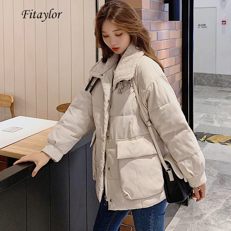 Fitaylor зимнее короткое пальто женское теплое хлопковое стеганое из искусственной овечьей шерсти Меховая куртка пальто отложной воротник большой карман Свободная верхняя одежда