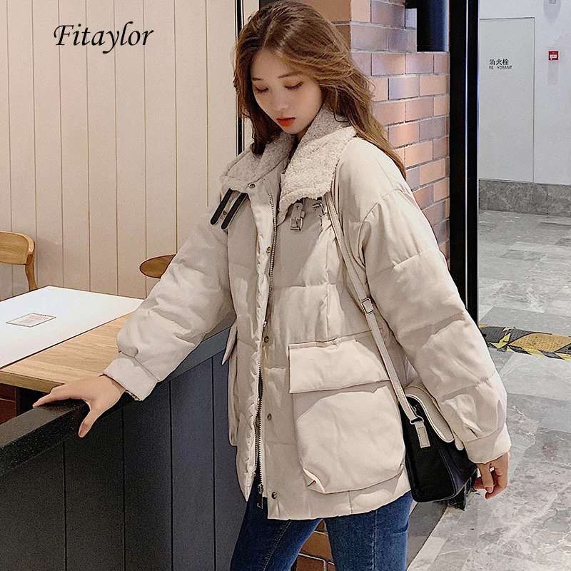 

Fitaylor Winter Short Overcoat Women Warm Cotton Padded Faux Lamb Fur Jacket Coat Turndown Collar Big Pocket Loose Outerwear