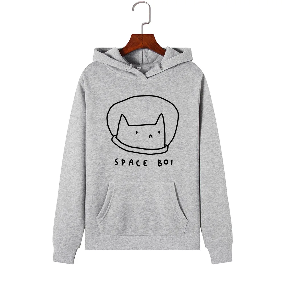 SINGRAIN Women Space Cat Hoodie Large Size Streetwear Hooded Sweatshirt Cartoon Pocket Hoddies koya Print Polerones Mujer - Цвет: gray