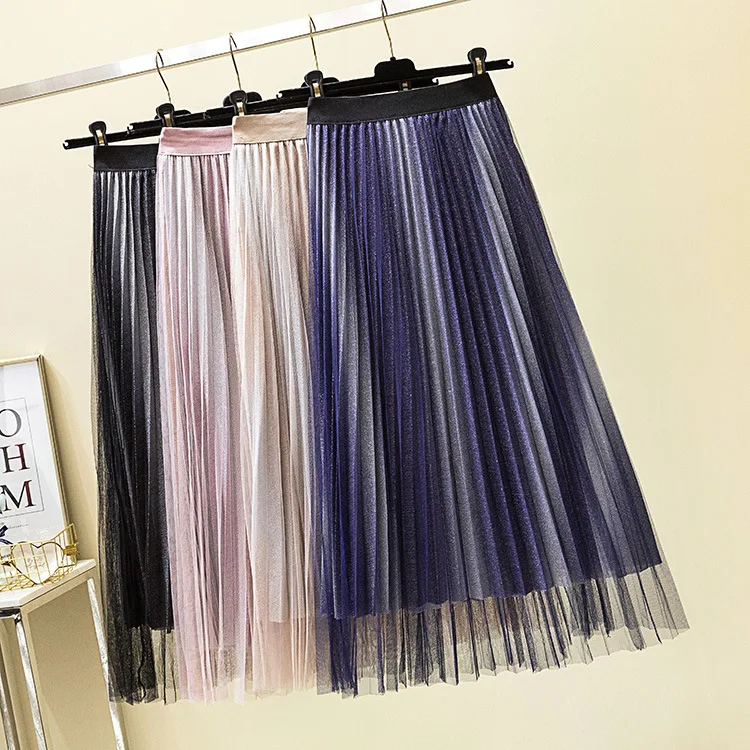 

MEVGOHOT 2019 Shiny Mesh Hollow Out Long Woman Pleated Skirts Draped High Waist Plus Size A Line Skirt Femme Fashion HM767