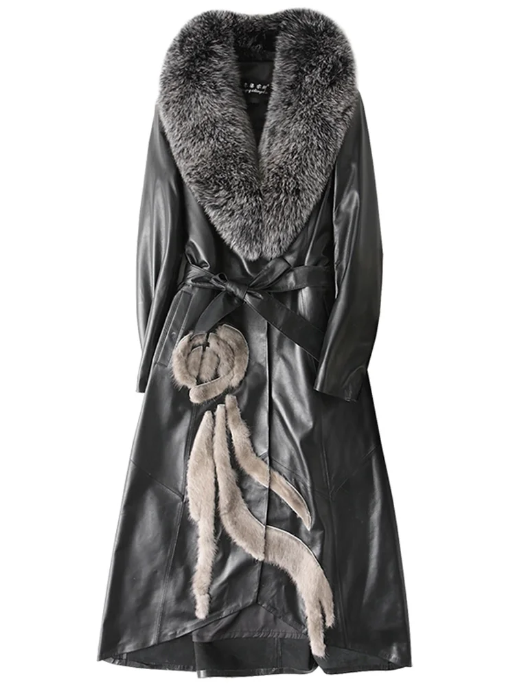 AYUNSUE/куртка из натуральной кожи, зимняя куртка для женщин, Длинные пуховики с воротником из натурального Лисьего меха, натуральная овчина, пальто MY3819 - Цвет: black