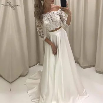 

Two Pieces Wedding Dresses 2020 Lace Appliques 3/4 Long Sleeves Button Satin Bride Dress Beach Bridal Gowns Vestido De Noiva