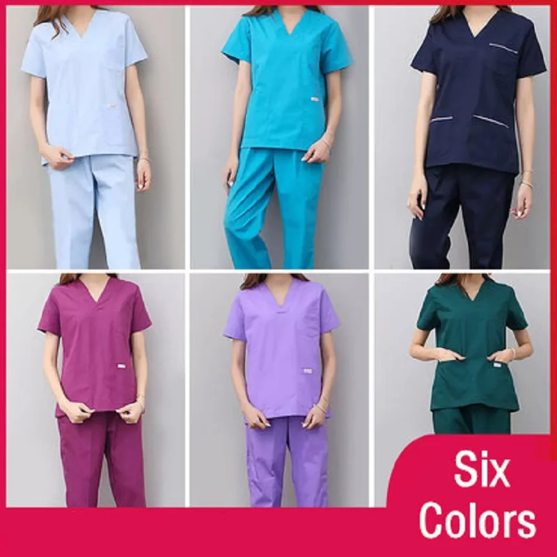 

6 Colors Women Nurse Uniform Medical Scrubs Work Suit Short Sleeve V Neck 55 % cotton+45% polyester Washable Comfy Work Wear