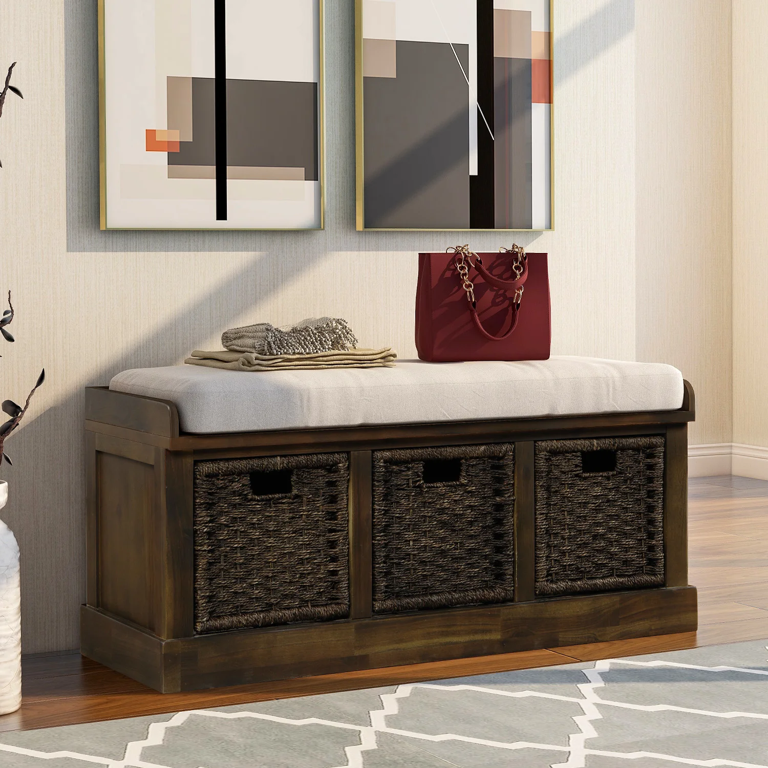 Rustic Storage Bench With 3 Removable Classic Fabric Basket