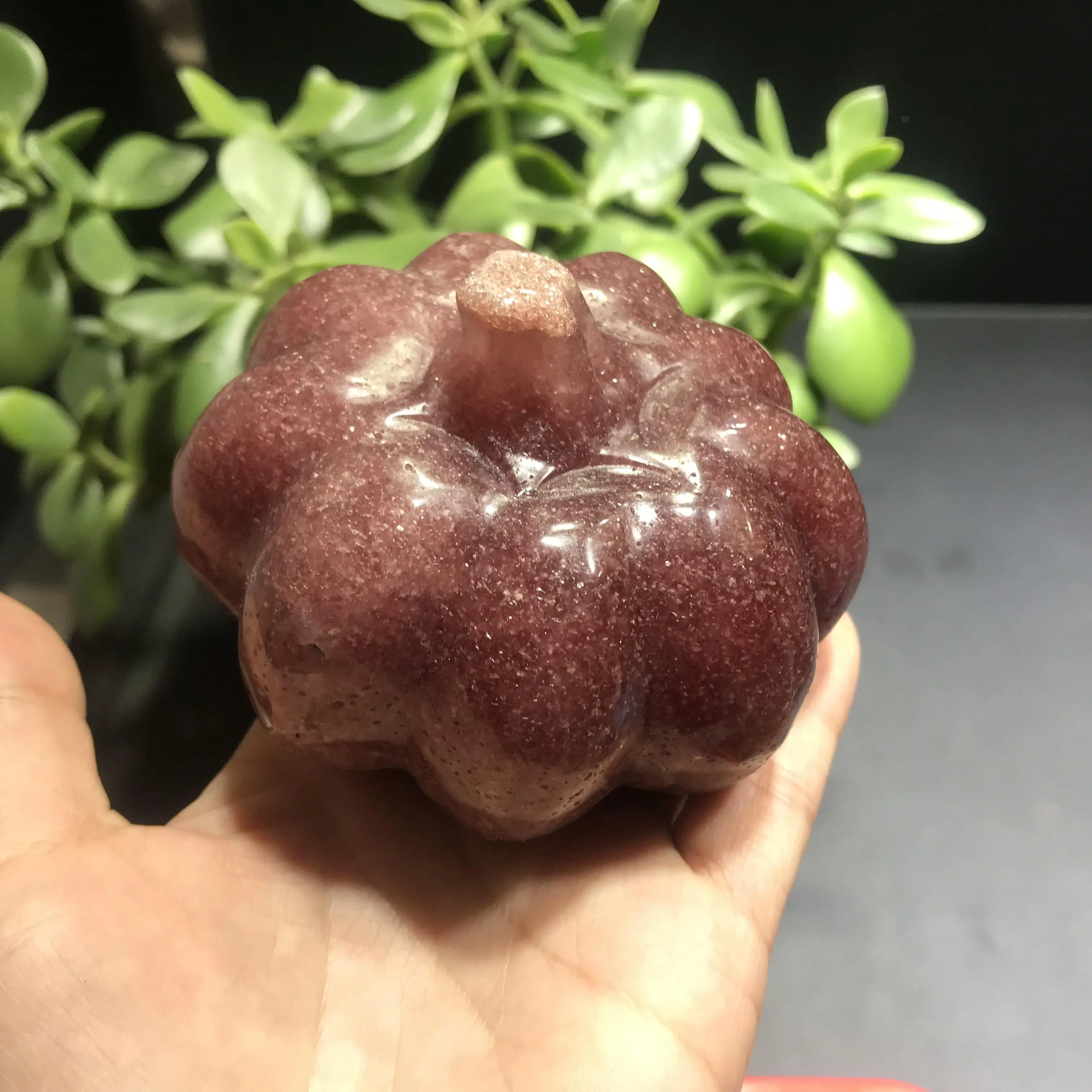 About 500g natural hand carving pink strawberry quartz pumpkin craft for Halloween