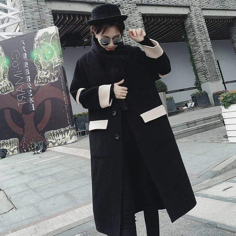 plus size 4XL! winter vintage single breasted woolen coat women slim patchwork wool blends coat