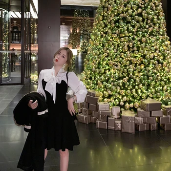 

Popular New Fashion Trend Stitching Knit Show Thin Christmas Dress Patchwork Office Ladies Formal Work Wear Cute Elegant Dress