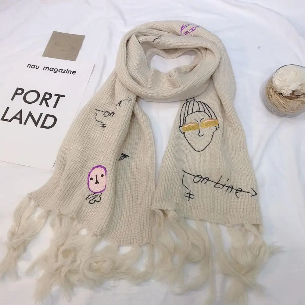 

Autumn Winter Women Scarf Shawl Original Design Manual Embroidery Cartoon Pattern Cute Weave Scarf Wrap Female All Match Fashion