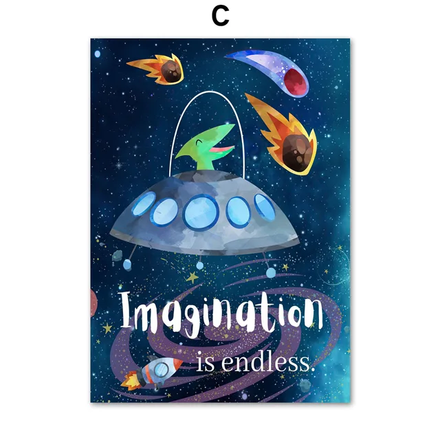 Space Dinosaur UFO Education Number Alphabet Nursery Wall Art Print Canvas Painting Nordic Poster Decor Pictures Baby Kids Room C