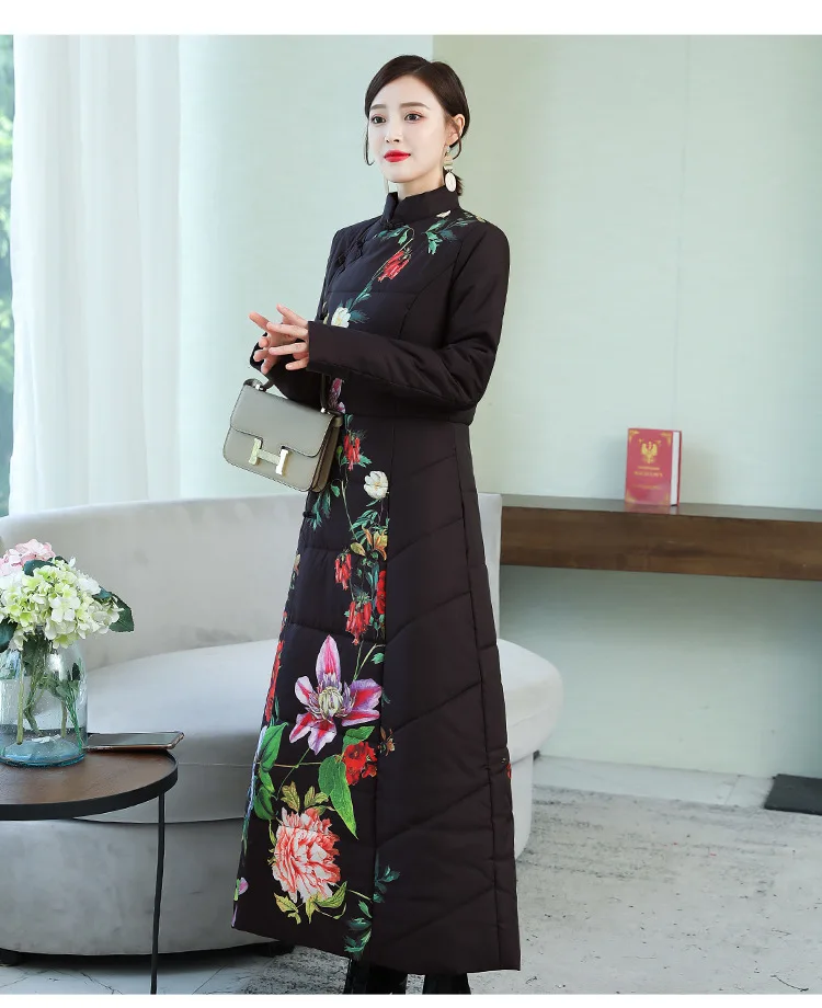 Winter New Style Retro Chinese-style Women's Exta-long over-the-Knee Ethnic-Style Printed Long down Feather Cotton Overcoat