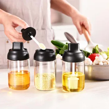 

3Pcs/Sets Glass Sealed Spice Bottle Spoon Lid Integrated Salt Seasoning Bottle Brush Oil Bottle Honey Bottle Kitchen Accessories