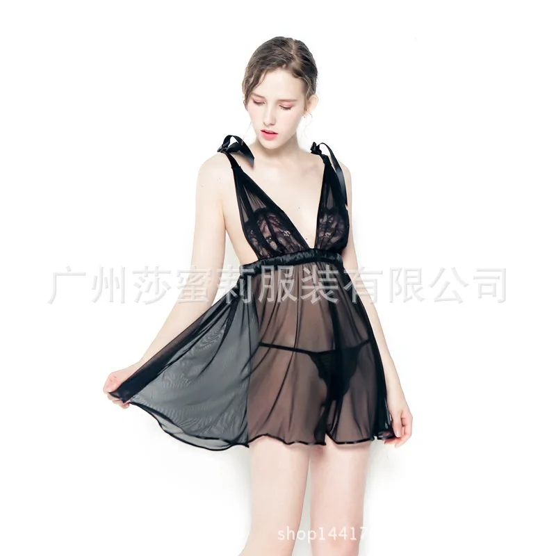 Напрямую от производителя продажи Taobao Горячая-ночная сорочка белая кружевная Марля Прозрачный костюм красота Обратно Сексуальное белье