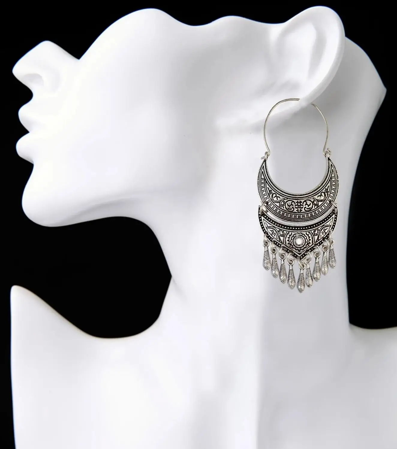 

Tribal Long Tassel Moon Shaped Hoop Earring for Women Gypsy Antique Chandelier Earrings Turkish Tibetan Vintage Ethnic Jewelry