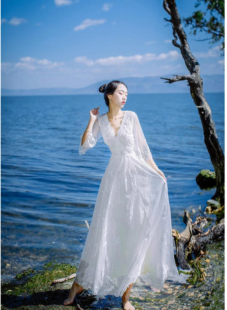 Новые белые кружевные летние женские элегантные платья с v-образным вырезом и