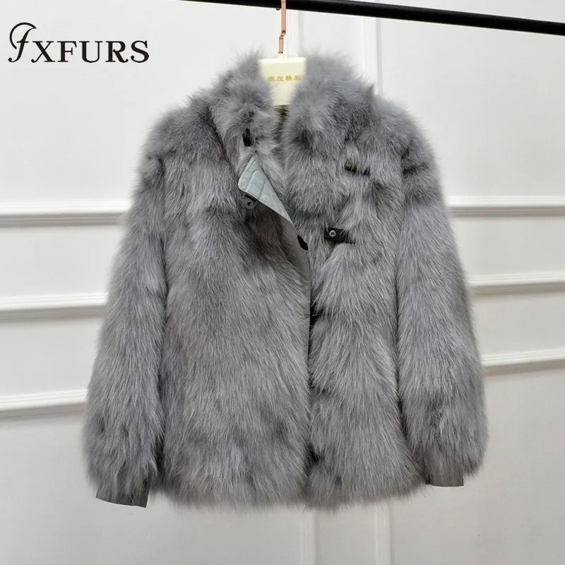 FXFURS Новое Женское пальто из лисьего меха зимняя мода jexxi высокое качество с лисьим мехом кожаный воротник - Цвет: grey