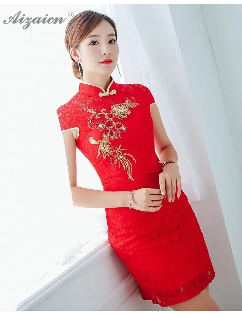 Мода Корто Cheongsam las mujeres chino tradicional de la boda Vestido de encaje rojo Qipao estilo Восточное винтажное платье