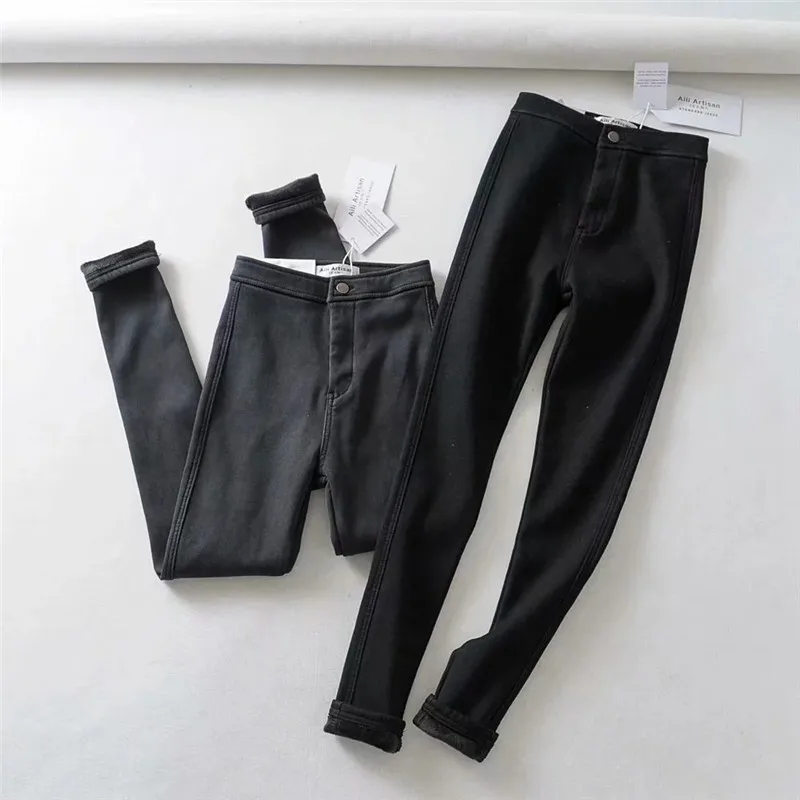 Зимние джинсы женские теплые толстый флис Высокая талия зауженные джинсы-карандаш брюки Femme черные тонкие эластичные джинсовые брюки
