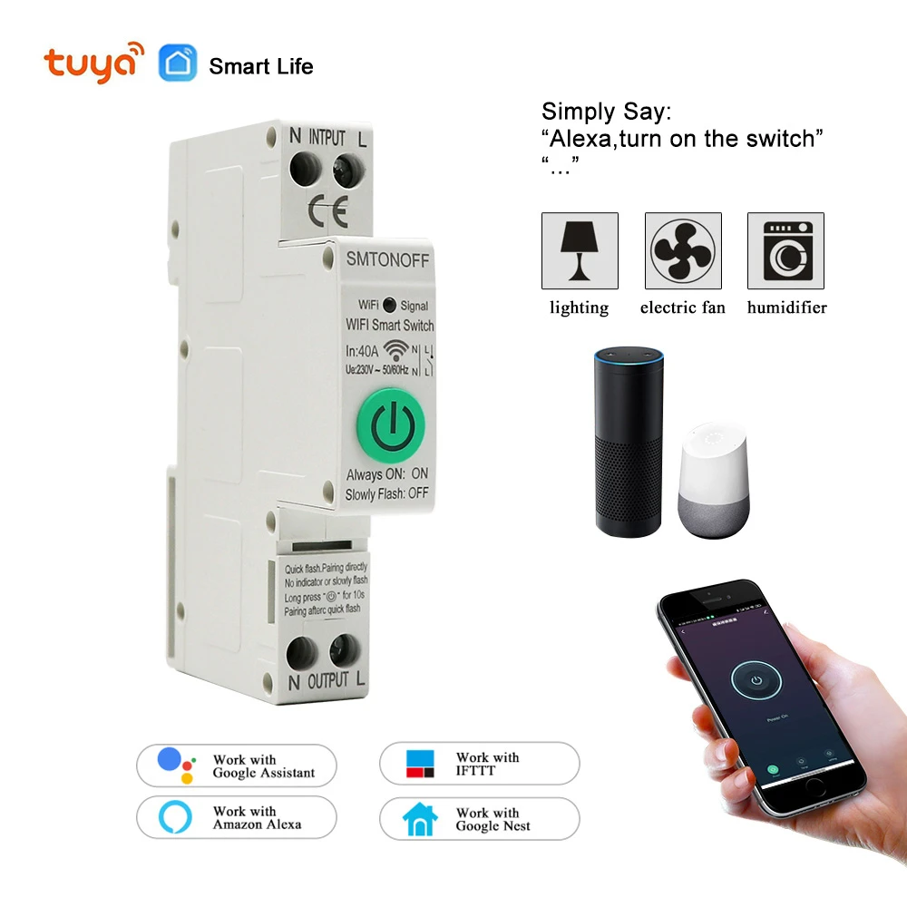 Din Rail WiFi Circuit Breaker Smart Timer Switch Relay Remote Control By tuya APP With Smart Home voice Alexa Google Home