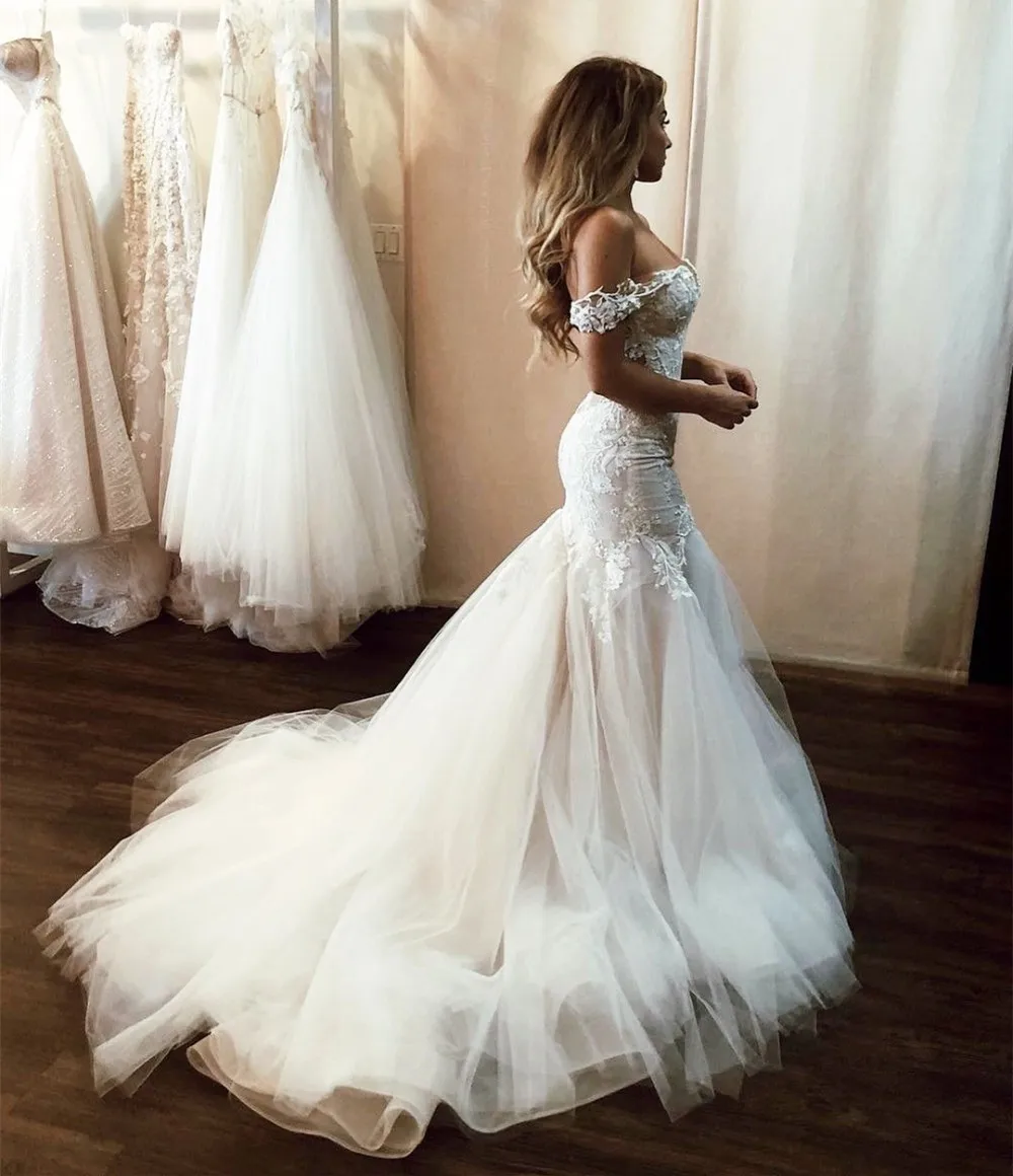 2020 Sexy Open Back Vintage Kant Wedding Dress Mermaid Uit De Schouder Illusion Applique Tulle Hof Train Bridal Jurken China 2020 Sexy Open Back Vintage Kant Wedding Dress Mermaid Uit De Schouder Illusion Applique Tulle Hof Train Bridal Jurken China
