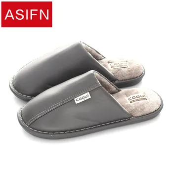 

ASIFN Men Winter Slippers Korean Version of Non-slip Waterproof Ladies PU Leather Slipper Warm Indoor Outdoor Home Winter Couple
