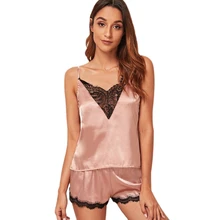 Комплект пижамы с цветочной кружевной отделкой, атласная ночная рубашка, топ с шортами, сексуальное нижнее белье, нижнее белье, ночная рубашка с глубоким v-образным вырезом, костюм для сна