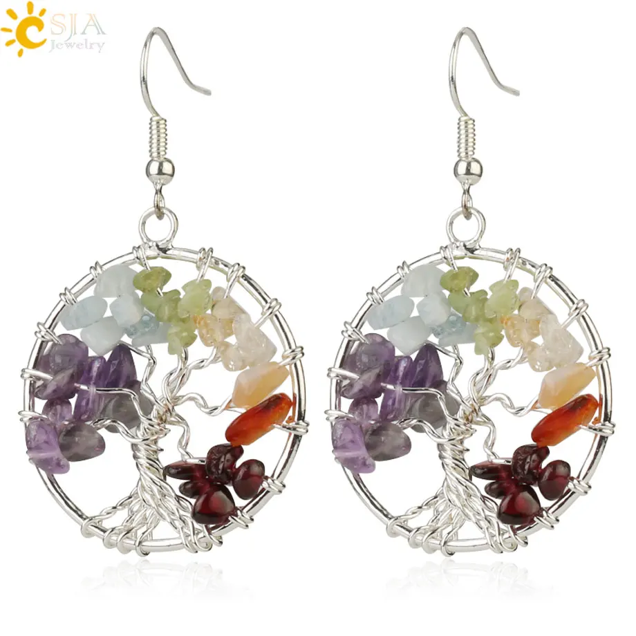 CSJA серьги-капли с натуральным чипом деревом жизни серебряный цвет проволока