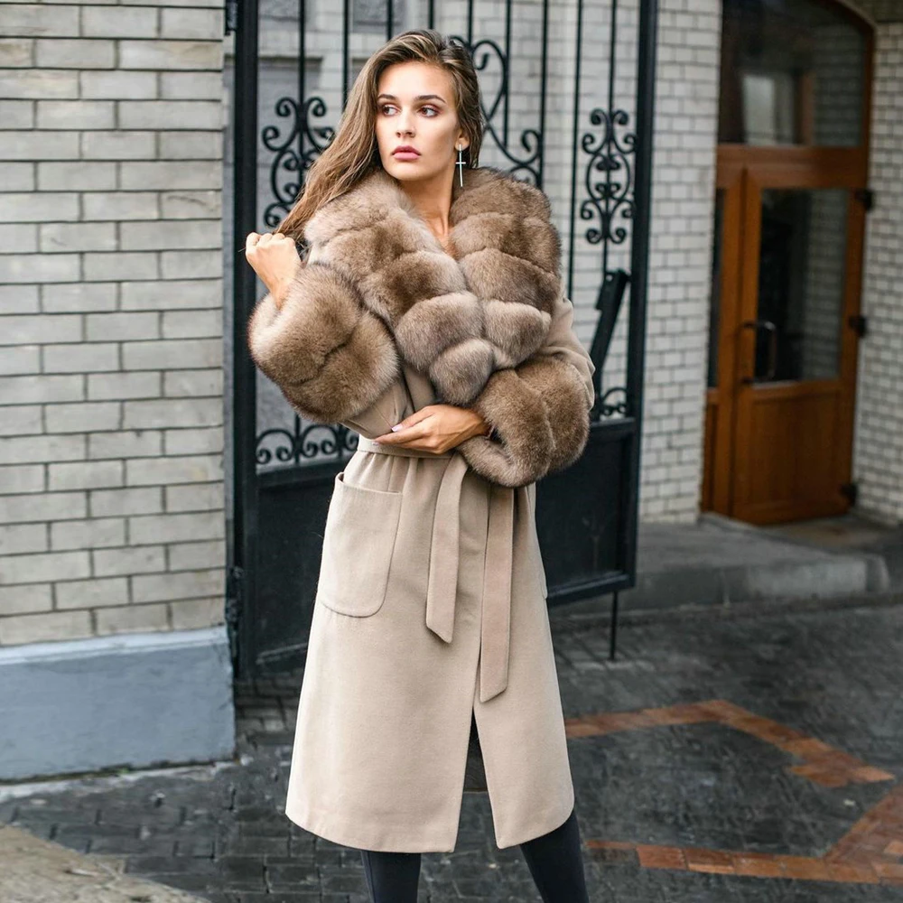 Fashion Women Real Fur Coats Winter New Wool Blends Coat with Fox Fur Turn-down Collar Trendy Fox Fur Cashmere Overcoat Female winter fashion real fox fur wool blends coats outwear 2022 whole skin genuine fox fur cashmere coat with hood thick warm outfit