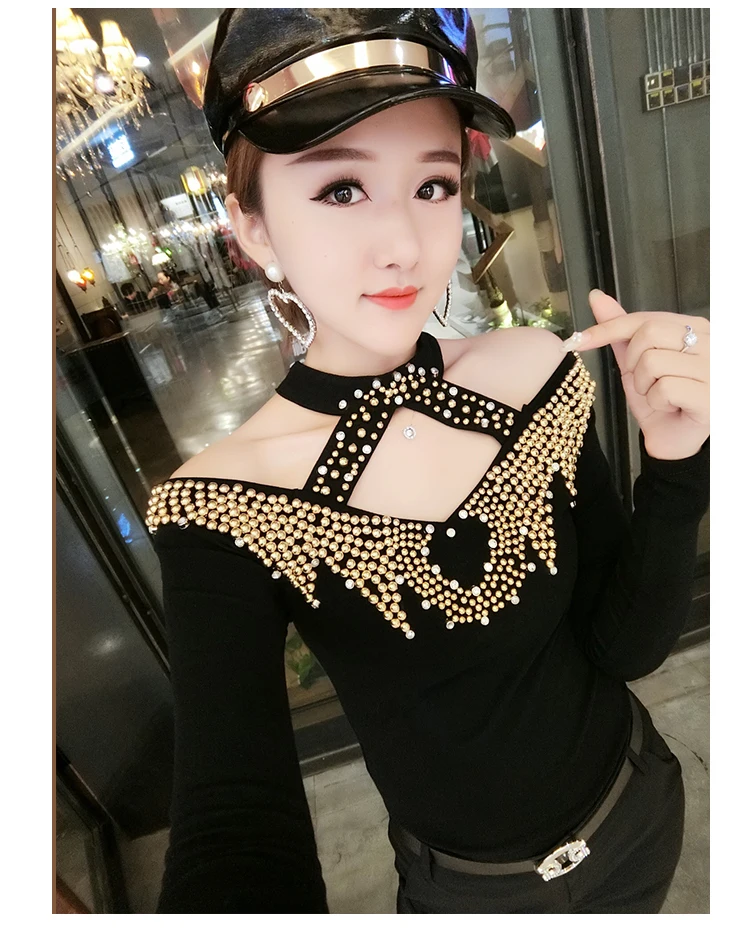Black tshirt Сексуальная футболка с вырезом лодочкой и открытыми плечами, Корейская футболка в алмазах, новинка, Осень-зима, Женский Тонкий Топ, рубашка, одежда, Camiseta Mujer T98812 - Цвет: Black tshirt