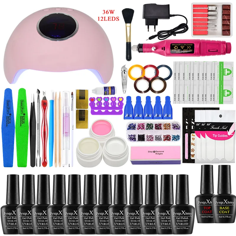 36W choose 12 colors Набор для ногтей светодиодный светильник ногтя маникюрный набор Ультрафиолетовая лампа для маникюра комплекты на рост 90/54/36 Вт маникюрный набор Гель-лак для ногтей, набор инструментов для ногтей файл Топ Базовое покрытие - Цвет: 36W choose 12 colors
