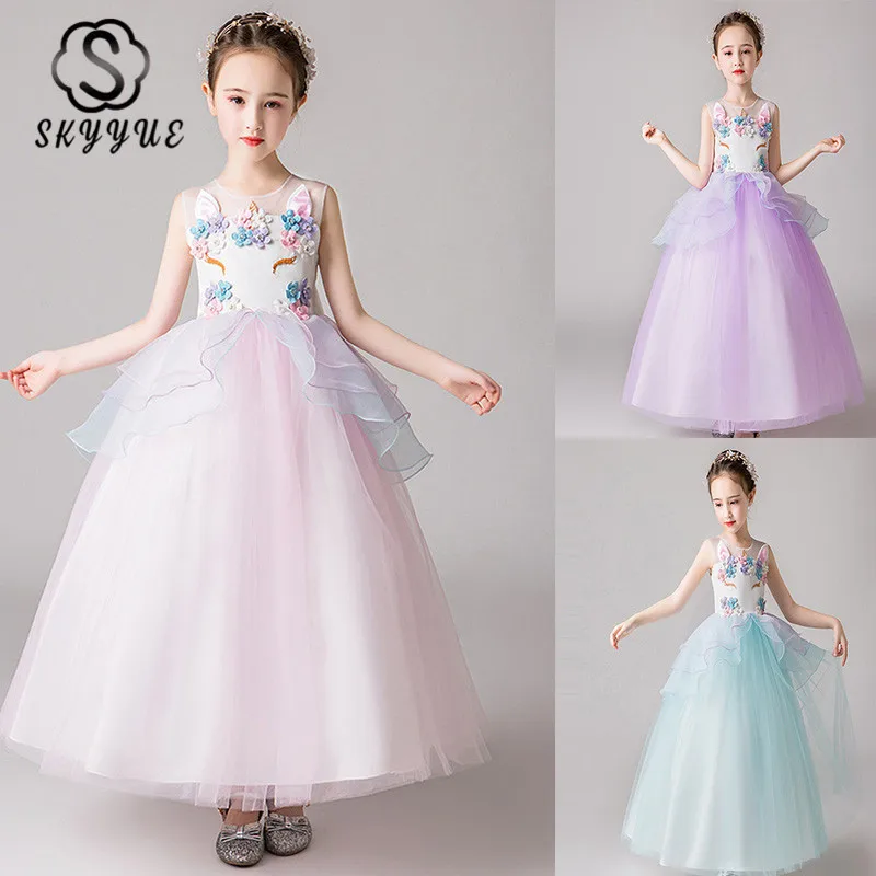 

Skyyue Flower Girl Dress for Wedding Applique Unicorn Tulle Flower Girl Dress Tank Kid Party Communion Dress O-neck 2019 CK2977