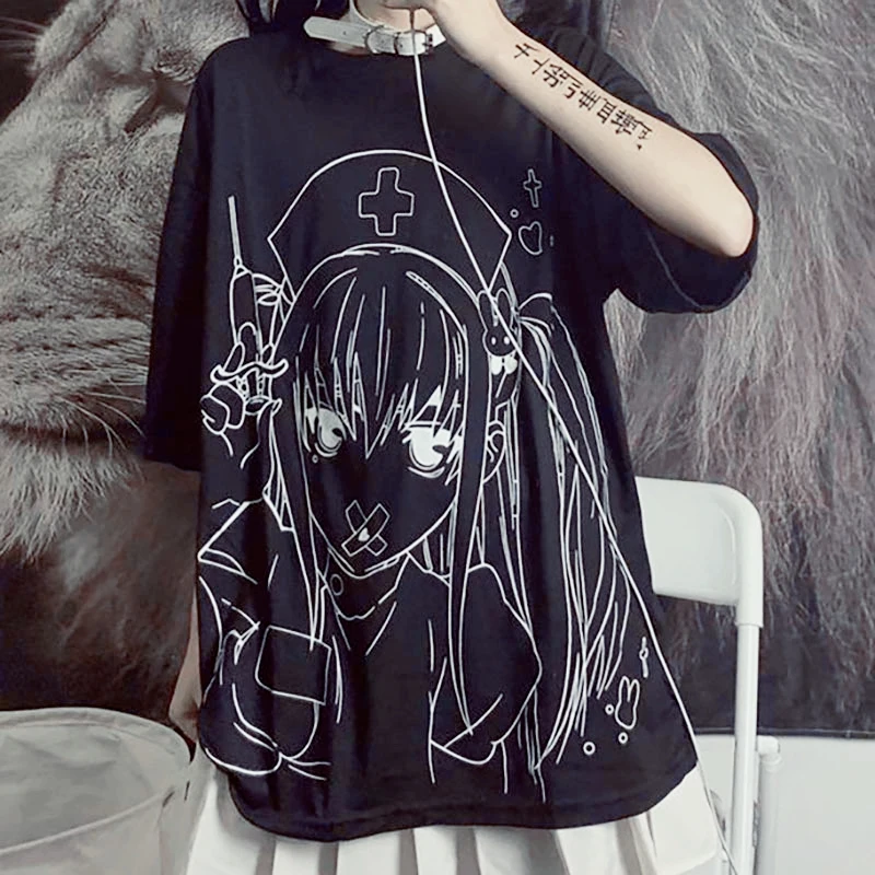 Gothic Clothes Loose T Shirts Harajuku Style Print Anime Tshirt Streetwear  Female Short Sleeve Woman T-shirt E Girl Clothes