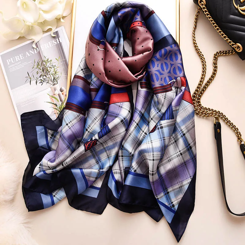 F318navy blue Модные Шелковые шарфы люксовый бренд длинный шарф на голову для дам солнцезащитный крем для Женщин Шали Обертывания платок хиджаб - Цвет: F318navy blue
