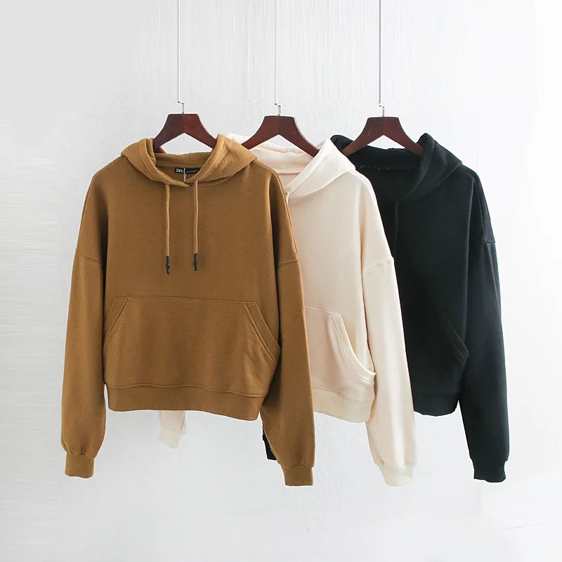  Fashion Za Women Sweatshirt 2019 Autumn Solid Casual Long Sleeve Hooded Solid Pullovers Female Basi