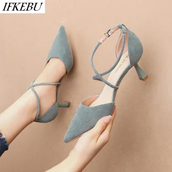 

Brand Suede Pumps Women Buckle High Heels Shoes Pointed Toe Narrow Band Slide Hollow Heel Pump Fashion Sandal Zapatos De Mujer