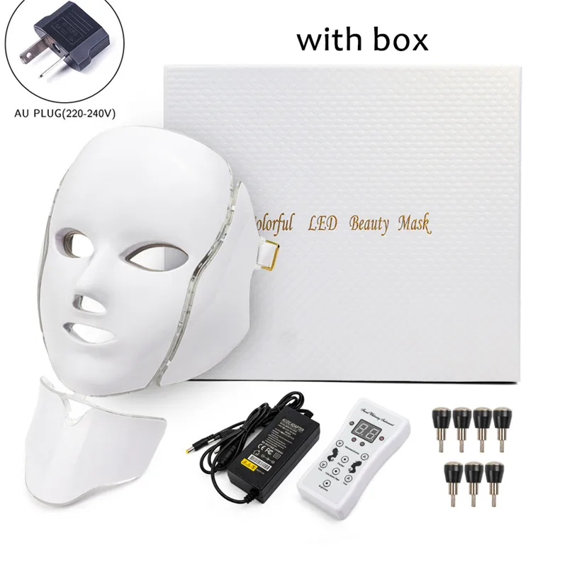 AU Plug withbox 7 цветов светильник светодиодный маска для лица с омоложением кожи шеи уход за лицом Лечение Красота анти акне терапия отбеливающий инструмент - Цвет: AU Plug withbox