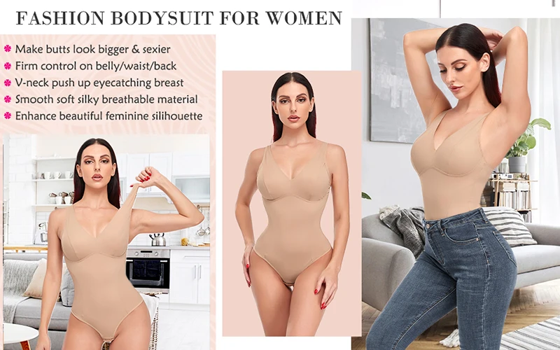 Bodysuit Shapewear Sexy Deep V-Neck Jumpsuit Top Body Shaper Slimming Underwear Thong Waist Trainer Women Padded Push Up Corset spanx bodysuit