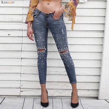 

KANCOOLD pants Lady High Waisted Stretch Slim Pants Embroidered Flares Jeans Hole Length Jeans fashion new pants women 2019Oct29