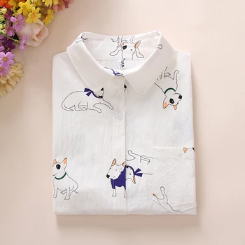

Women's Blouses Vintage Cute Dog Cartoon Pattern Turn Down Collar Long Sleeve Tops and Blouses Harajuku Loose Casual Shirts