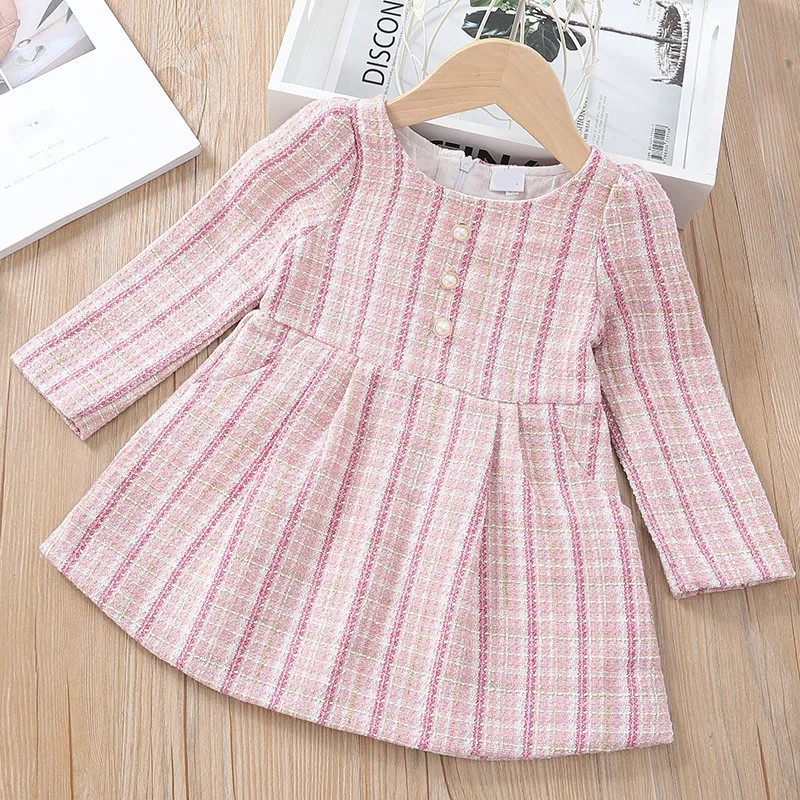 

DFXD Toddler Clothes 1-7Y Girl Dress 2020 Spring Round Collar Plaid Party Princess Dress Korean Style New Girls Elegant Dress