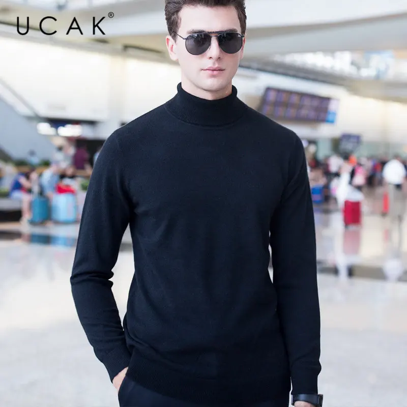 Brand Sweater Pullover Turtleneck UCAK Cashmere Men Pure-Merino-Wool Colthing Winter