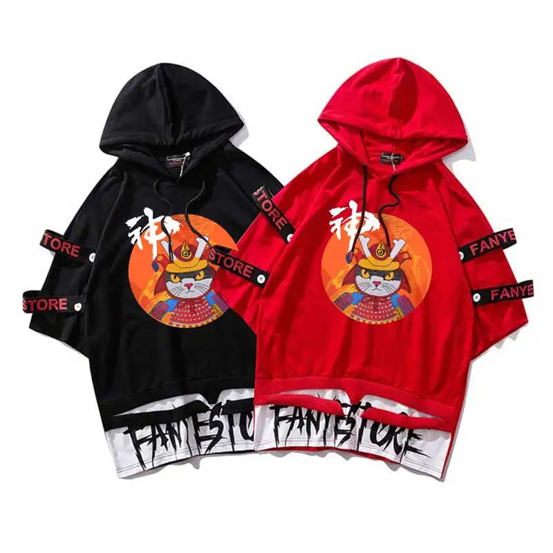 

Ukiyo Cat Hooded top tees Ribbon T Shirts Oversize hip hop Short Sleeve Streetwear tshirts wholesale Casual cotton homme clothes